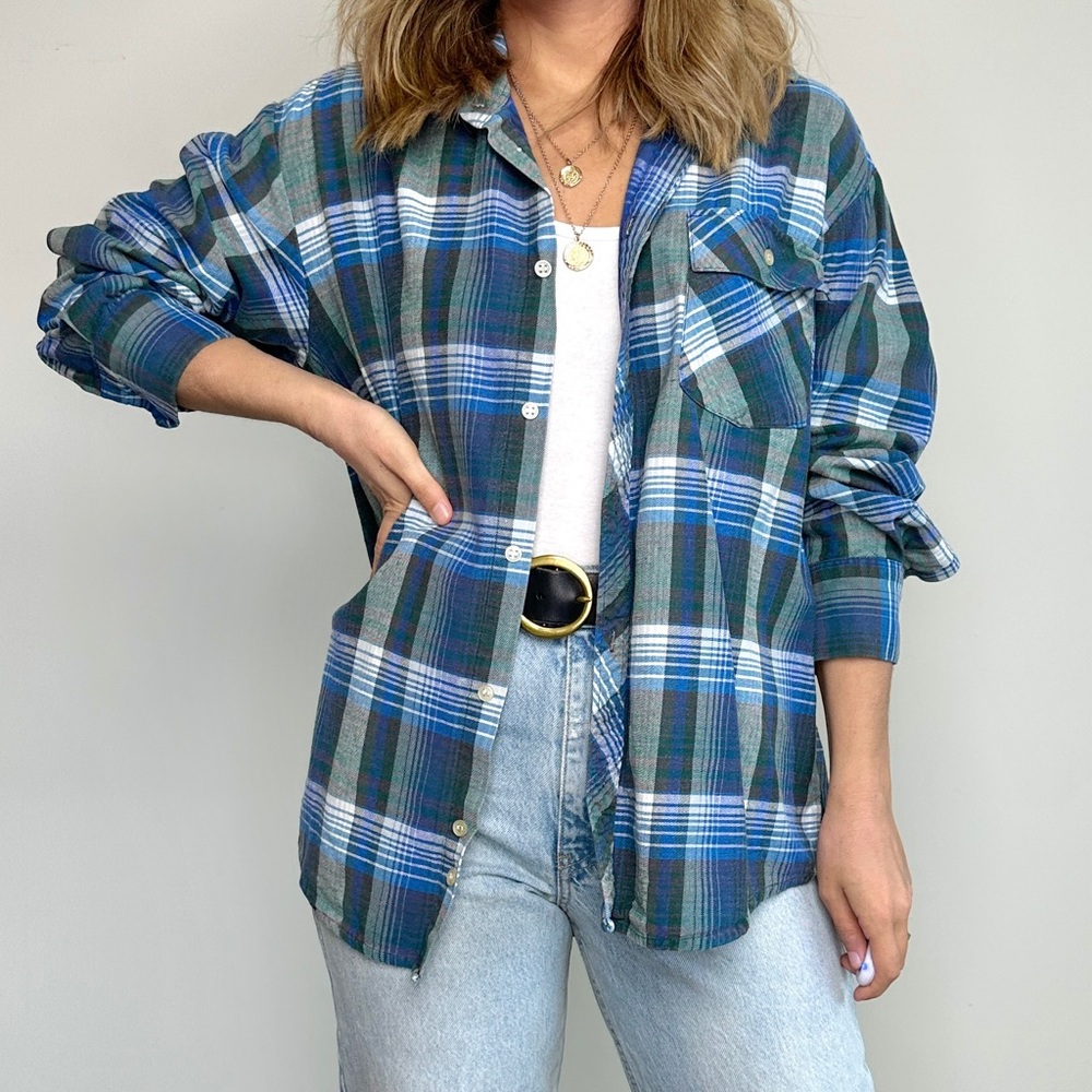 Vintage Dad Plaid in Blue, Green & White Flannel (L)